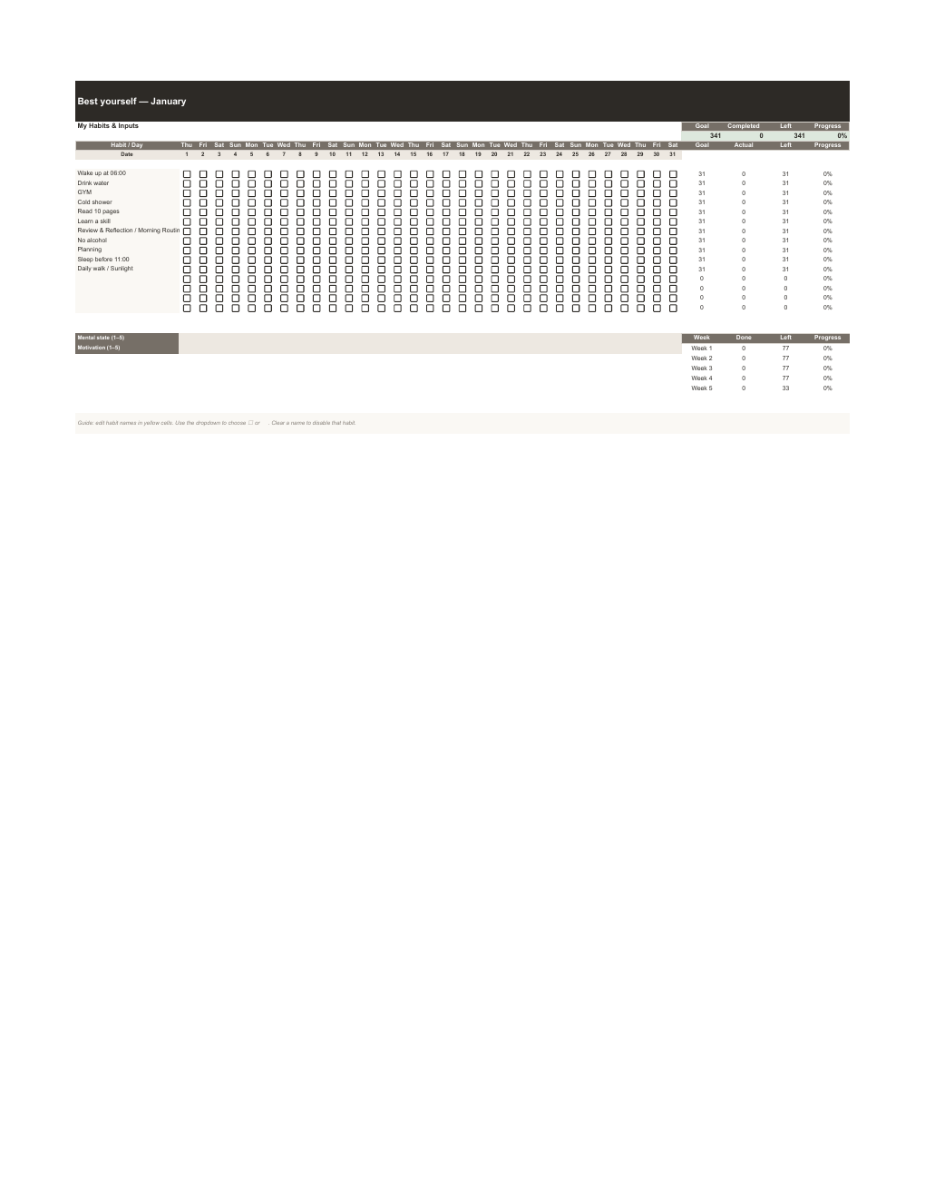 Base Color monthly habit tracker in Google Sheets