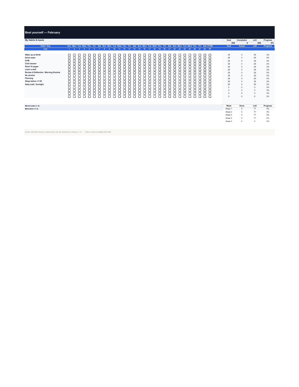 Clean Minimalist monthly habit tracker in Google Sheets