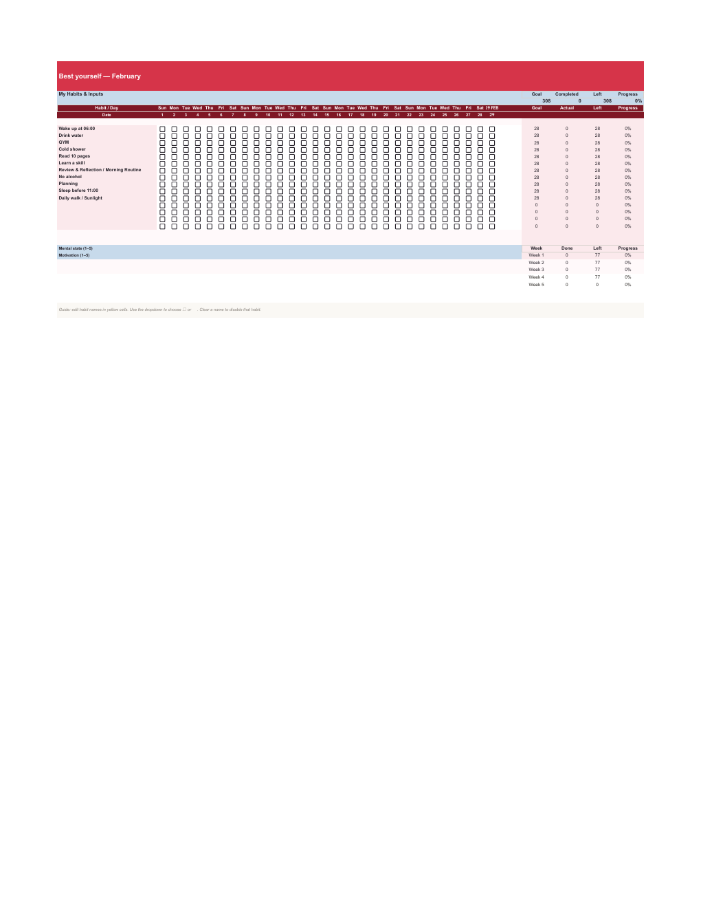 Crimson Red monthly habit tracker in Google Sheets