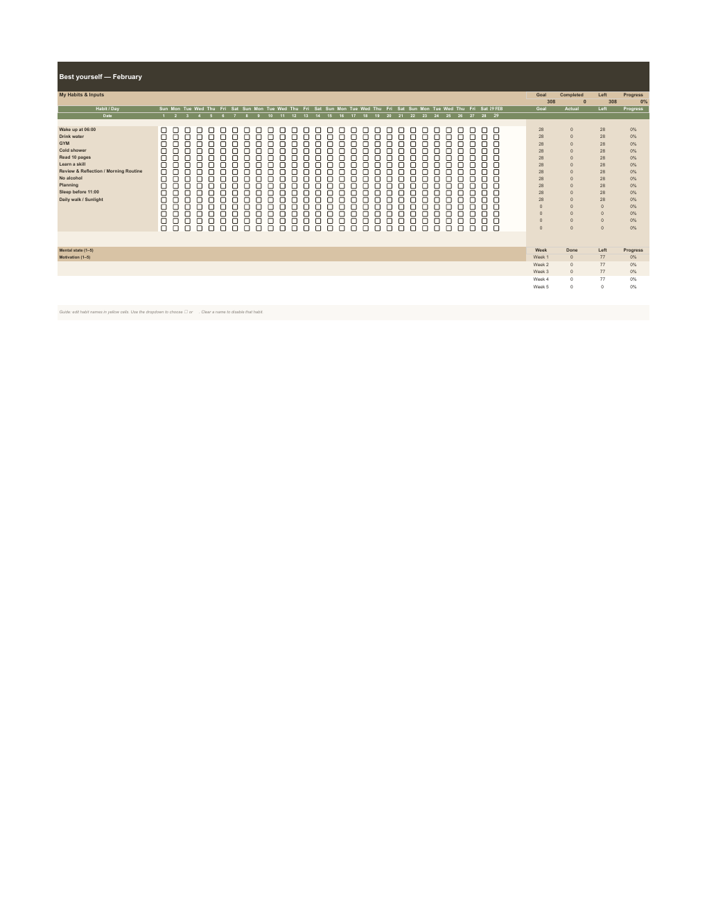Earth Tone monthly habit tracker in Google Sheets